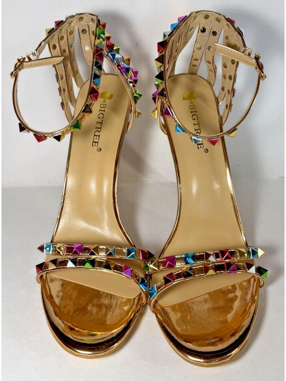 BIGTREE Rivets Studded Sandals Ankle Strap High Heels - Picture 4 of 9